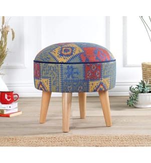 Pouf, bleu, 50 % COTON / 50 % LIN, pieds en bois