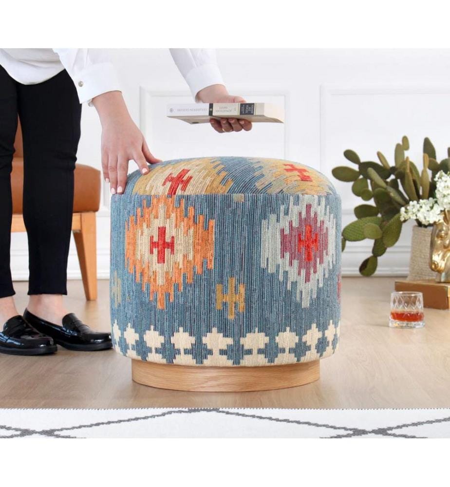 Pouf, blu, 50% COTONE / 50% LINO, gambe in legno