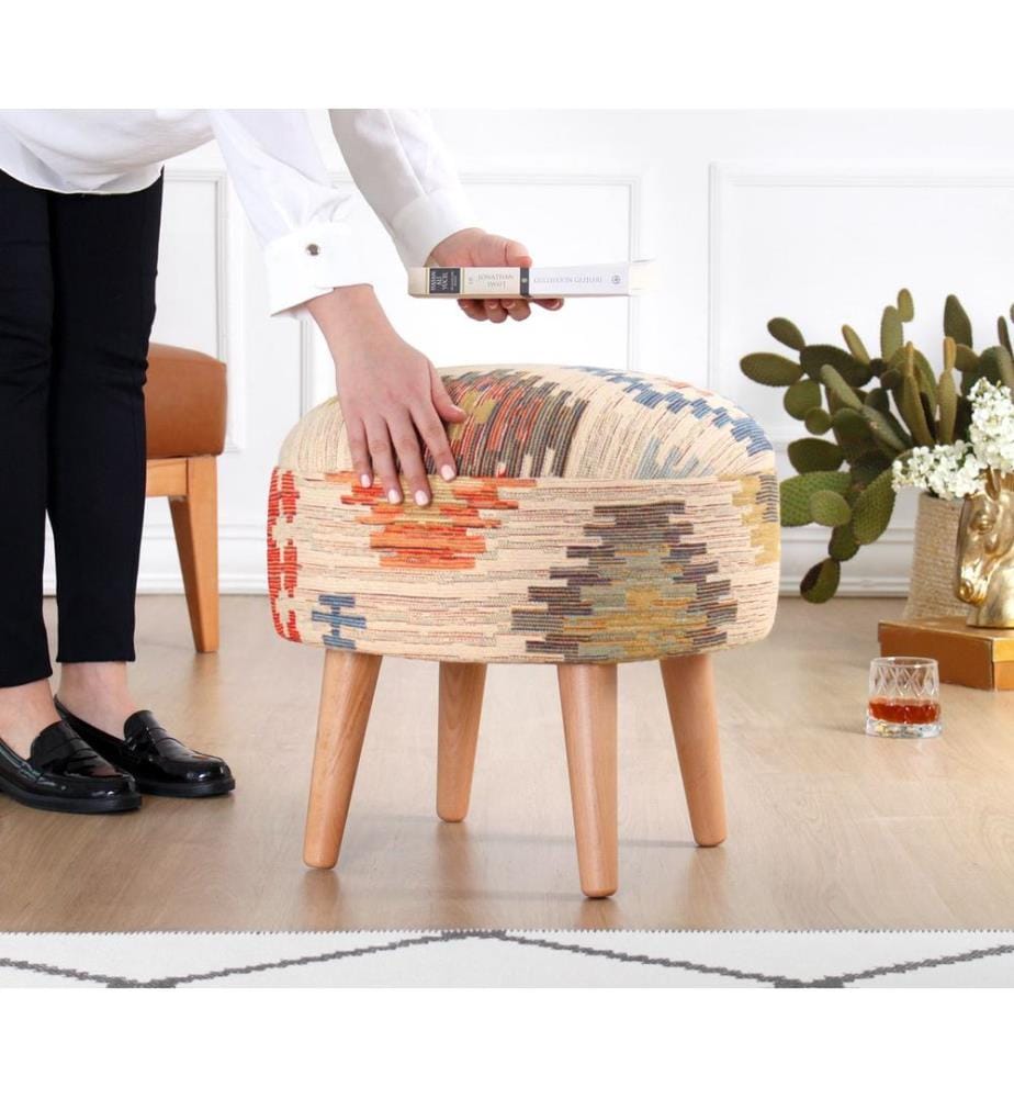 Hocker, Creme, 50 % BAUMWOLLE / 50 % LEINEN, Holzbeine