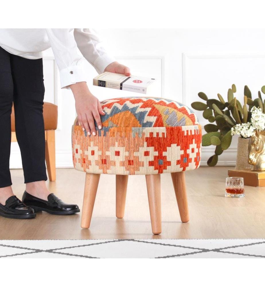 Hocker, mehrfarbig, 50 % Baumwolle / 50 % Leinen, Holzbeine