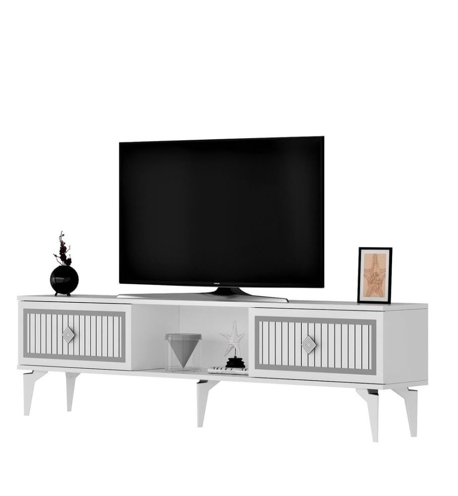 Meuble TV, blanc, argent, panneau de particules mélaminé