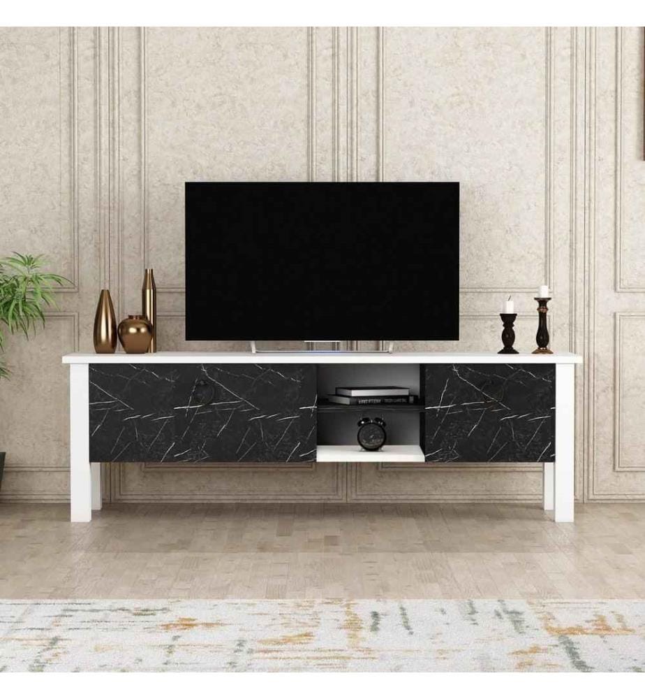 Meuble TV, Blanc Noir, Panneau de particules mélaminé