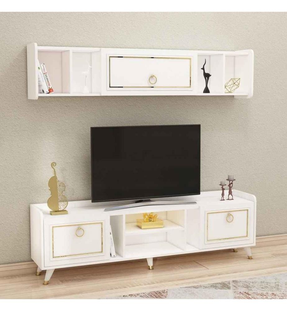 Meuble TV, Or blanc, panneau de particules mélaminé