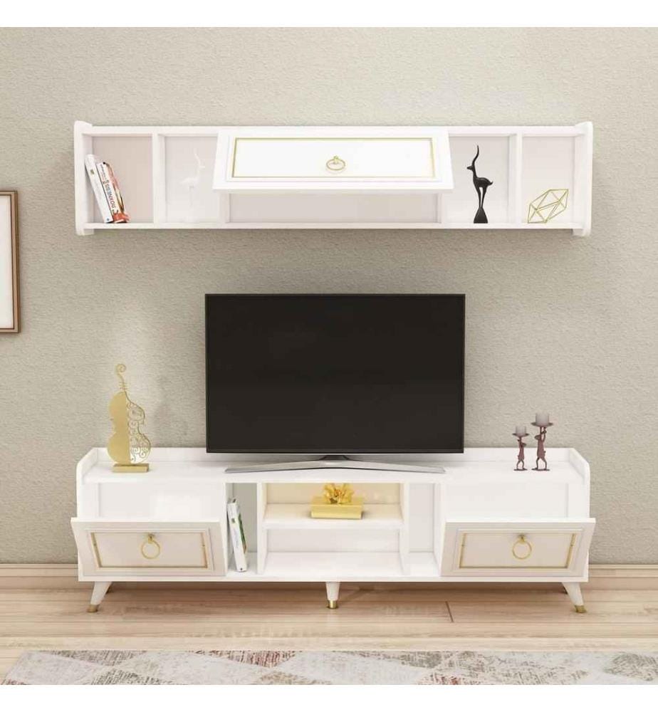 Meuble TV, Or blanc, panneau de particules mélaminé
