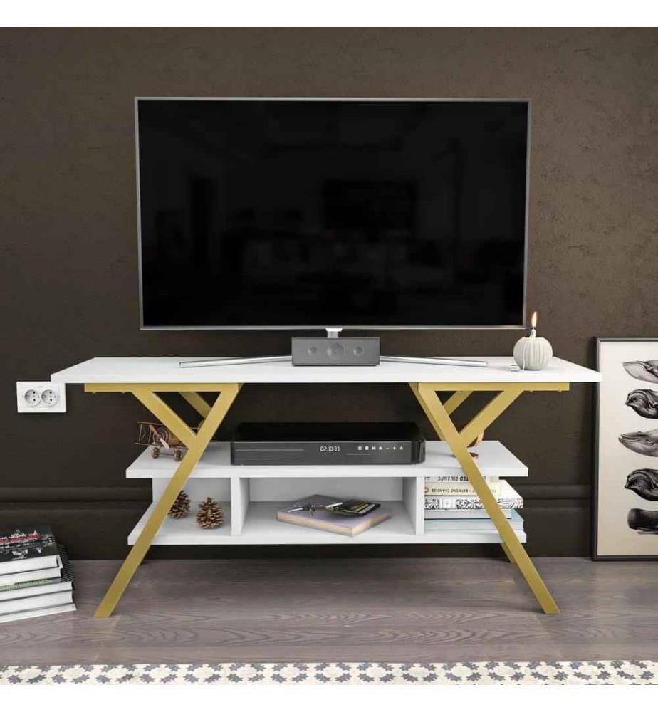 Meuble TV, Blanc doré, panneau de particules mélaminé