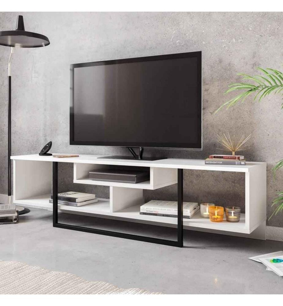 Meuble TV, Blanc Noir, Panneau de particules mélaminé