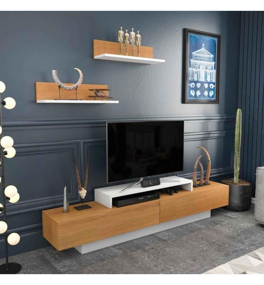 Meuble TV, teck blanc, panneau de particules mélaminé