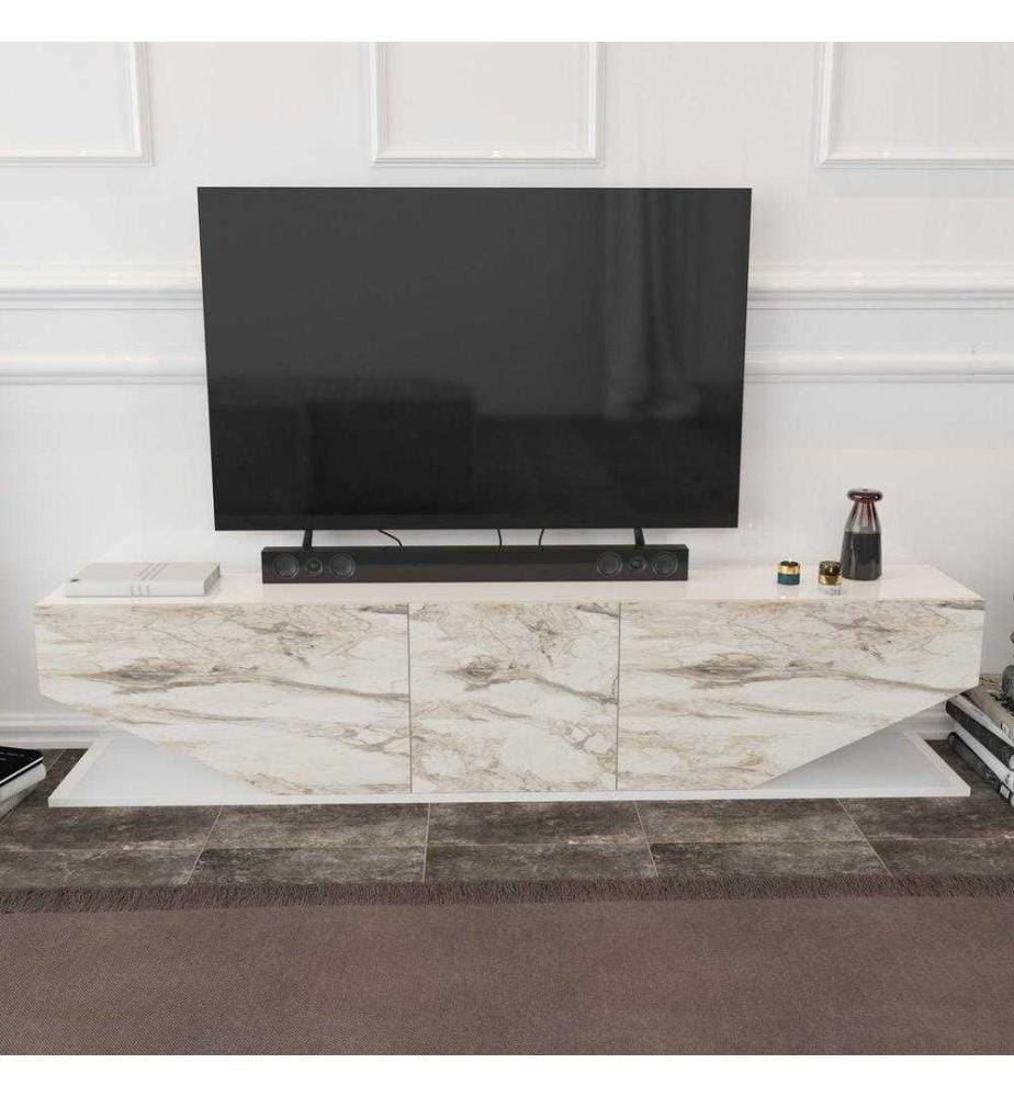 Meuble TV, marbre blanc, panneau de particules mélaminé