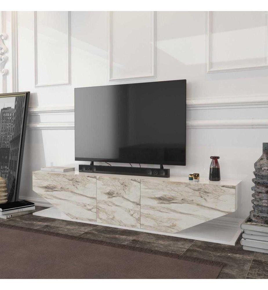 Meuble TV, marbre blanc, panneau de particules mélaminé