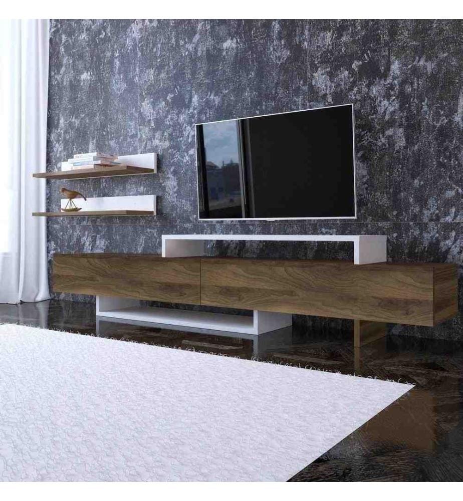 Meuble TV, teck blanc, panneau de particules mélaminé