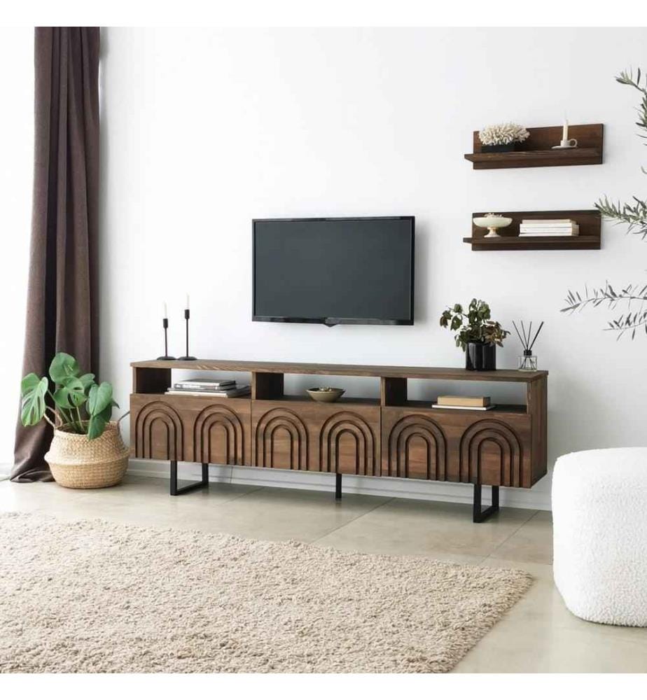 TV-Schrank, Nussbaum, Kiefer Massivholz, Metallrahmen