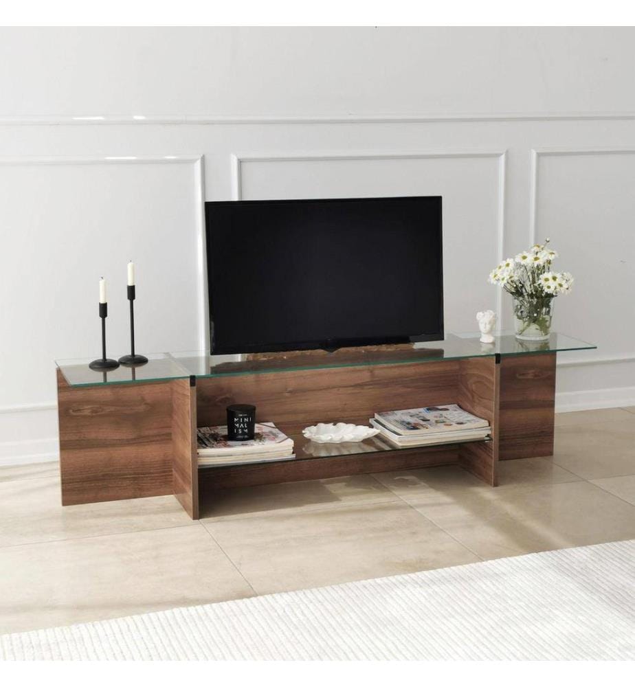 TV-Ständer, Nussbaum, gehärtetes Glas, Gestell aus melaminharzbeschichteter Spanplatte