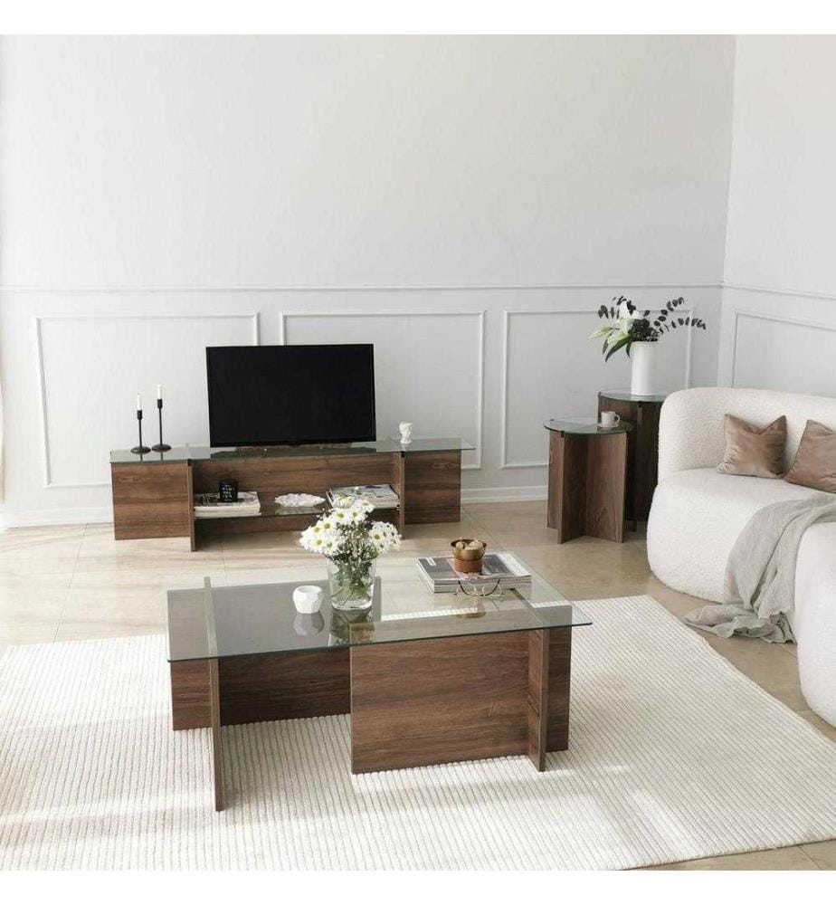 TV-Ständer, Nussbaum, gehärtetes Glas, Gestell aus melaminharzbeschichteter Spanplatte
