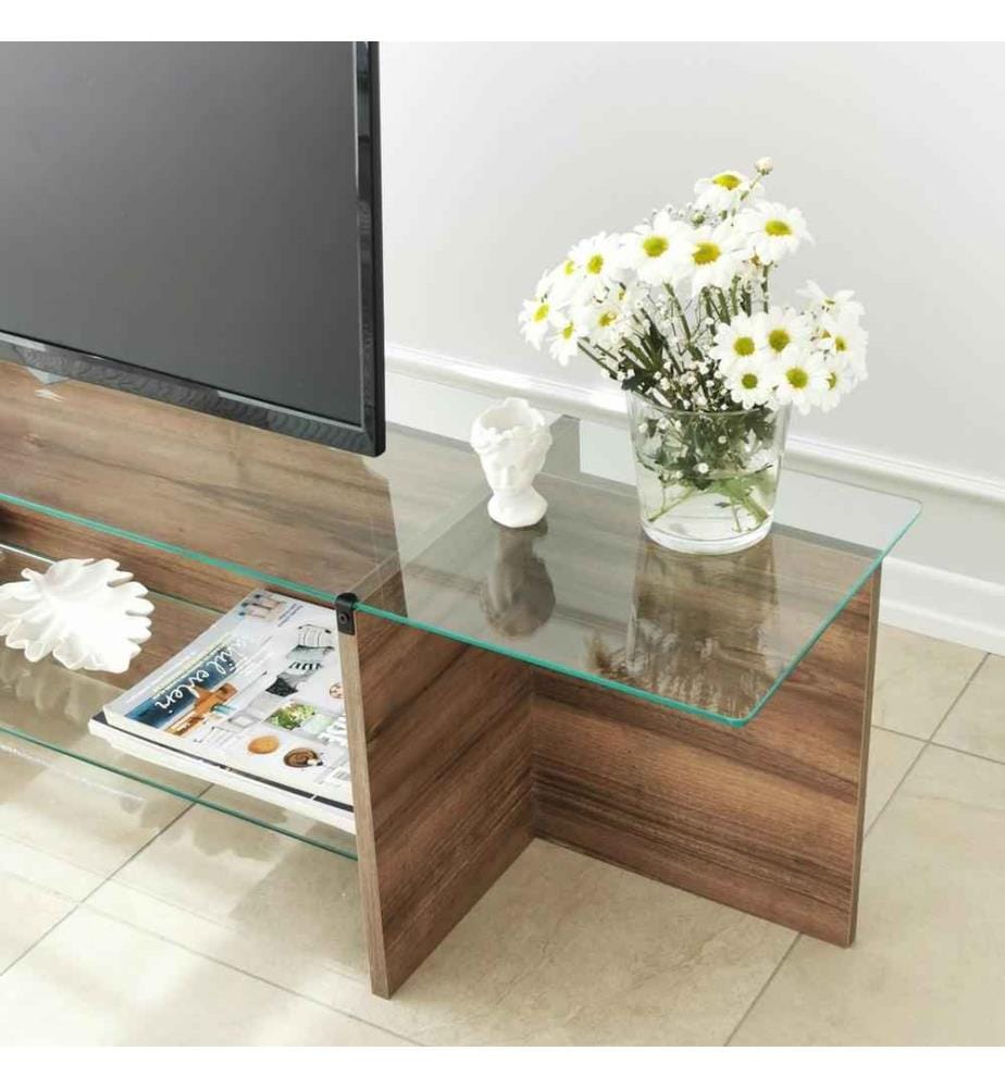 TV-Ständer, Nussbaum, gehärtetes Glas, Gestell aus melaminharzbeschichteter Spanplatte