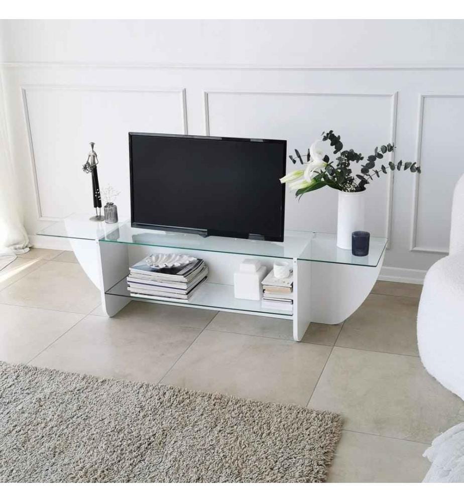 TV-Ständer, Weiss, gehärtetes Glas, Rahmen aus melaminharzbeschichteter Spanplatte