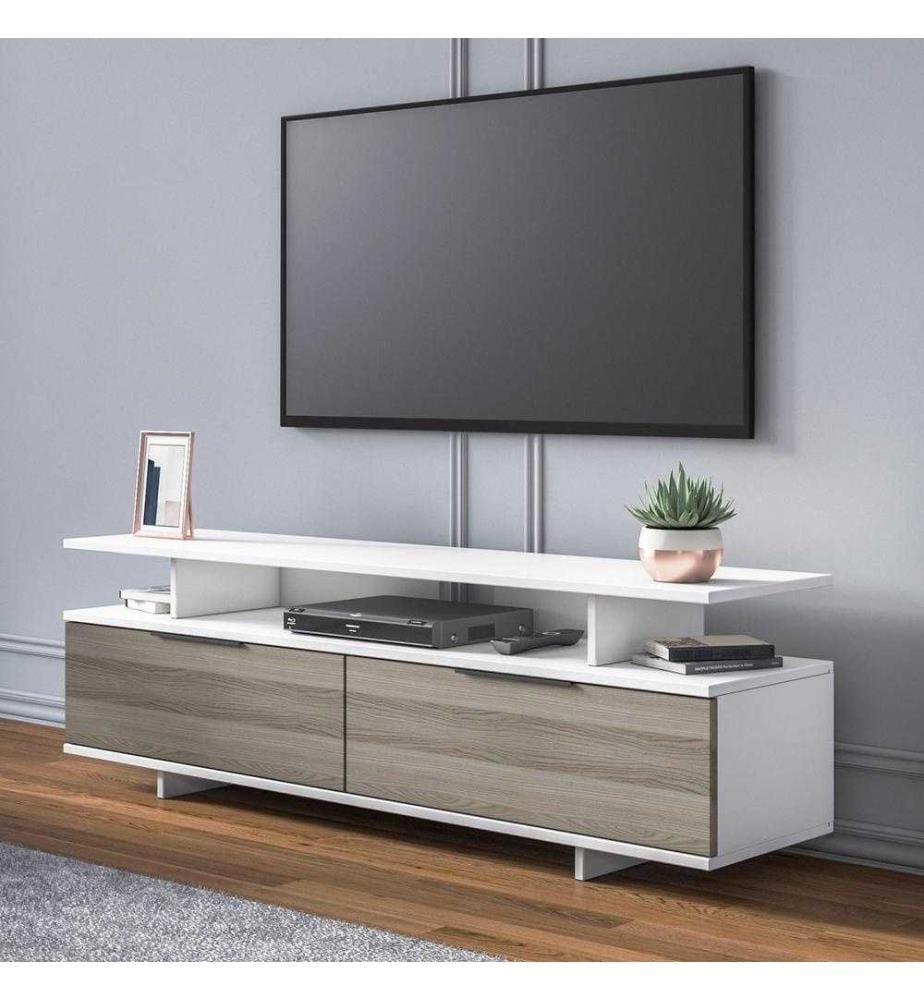 Meuble TV, Gris Noyer Blanc, Panneau de particules mélaminé