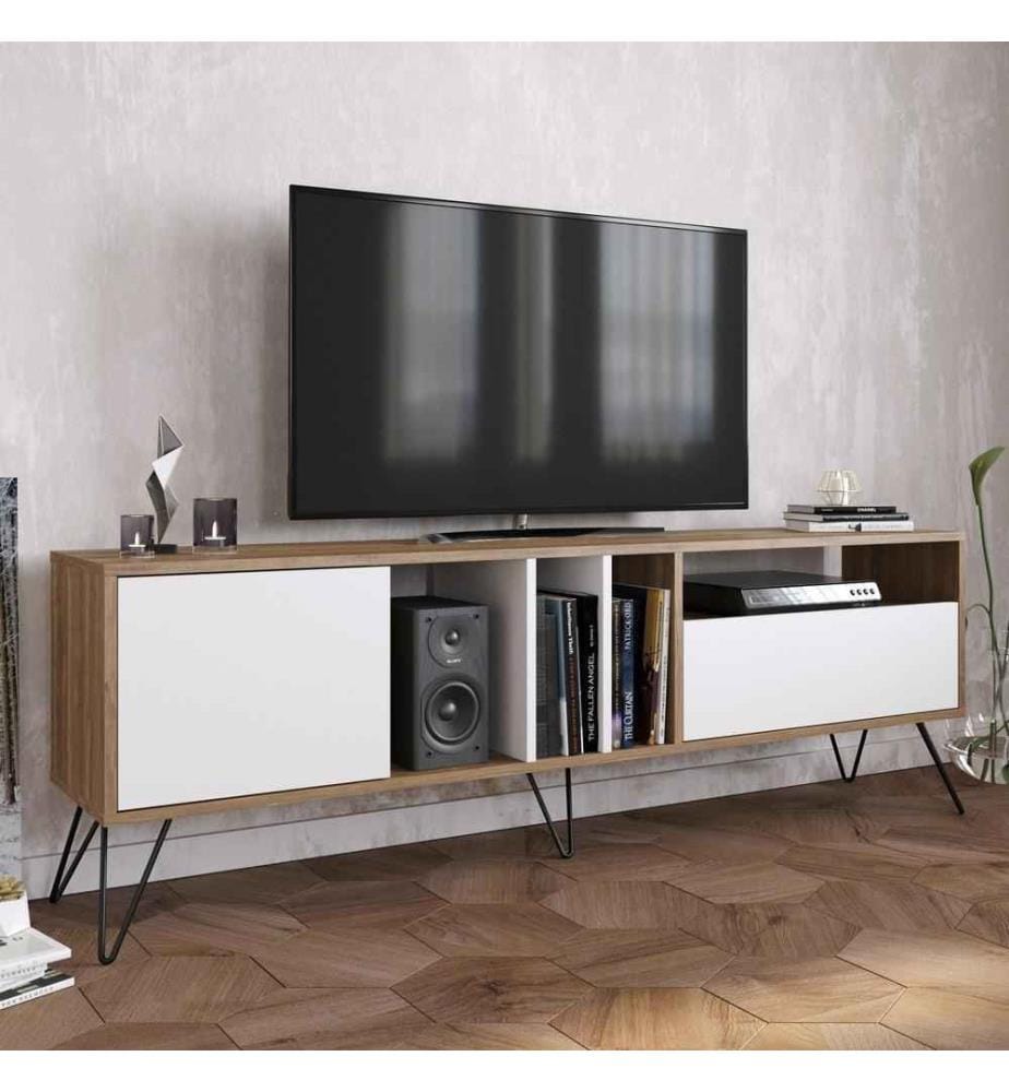 Meuble TV, Noyer Noir Blanc, Panneau de particules mélaminé