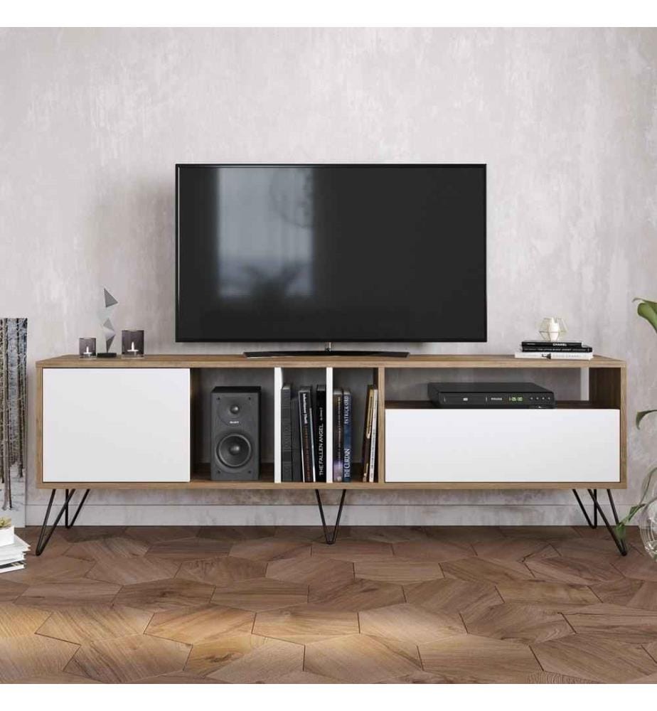 Meuble TV, Noyer Noir Blanc, Panneau de particules mélaminé