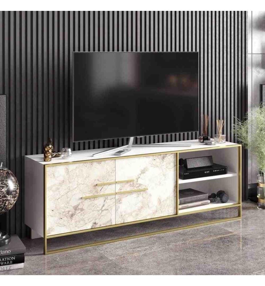 Meuble TV, Blanc doré, panneau de particules mélaminé, partie métallique dorée