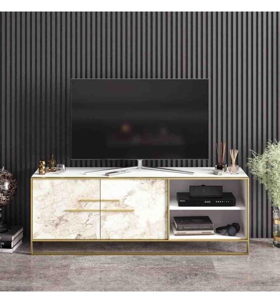 Meuble TV, Blanc doré, panneau de particules mélaminé, partie métallique dorée