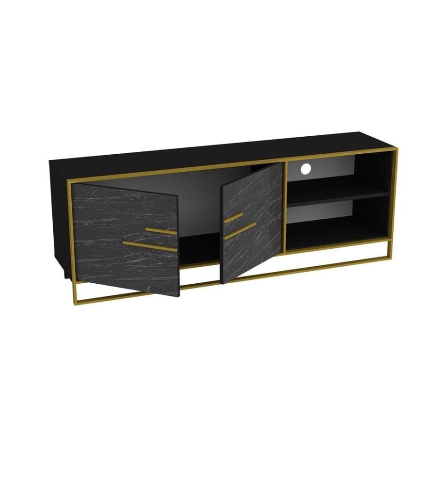Meuble TV, Noir doré, panneau de particules mélaminé, partie métallique dorée