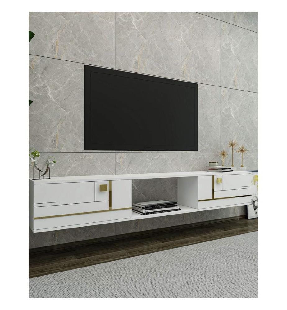 Meuble TV, blanc, or, PANNEAU DE PARTICULES ENTIÈREMENT RECOUVERT DE MÉLAMINE