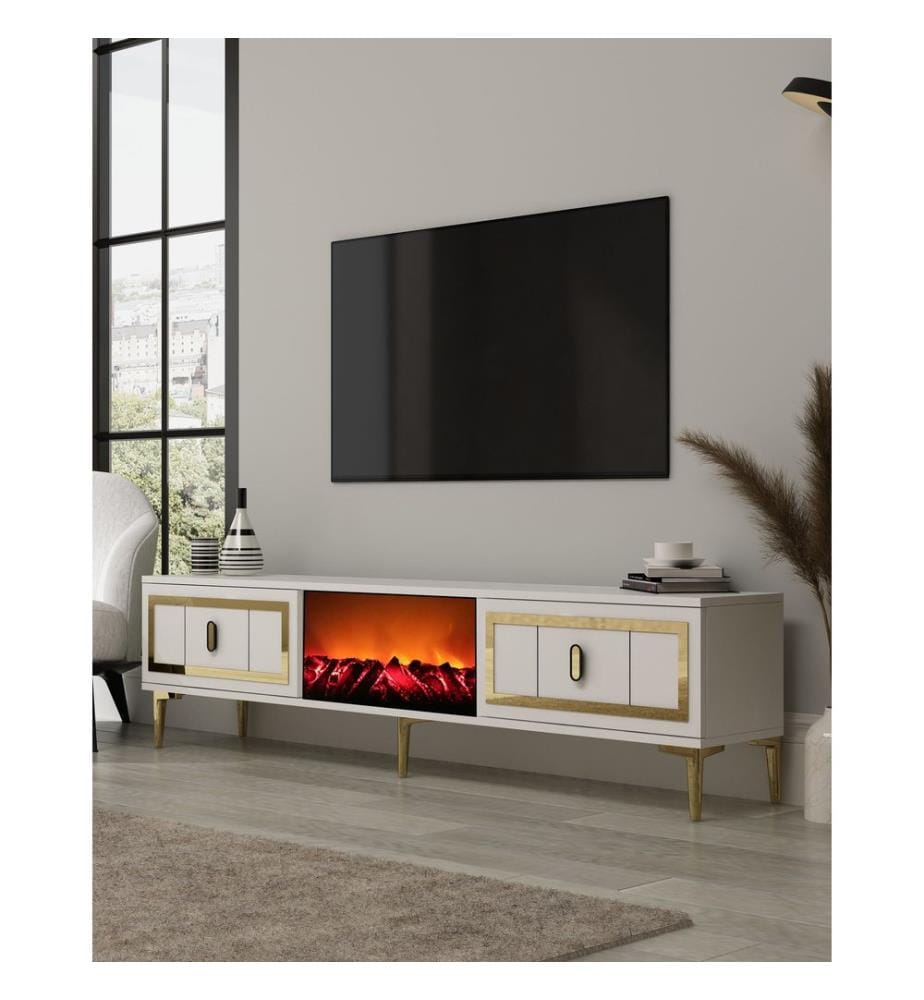 Meuble TV, blanc, doré, 100 % PANNEAUX DE PARTICULES RECOUVERTS DE MÉLAMINE