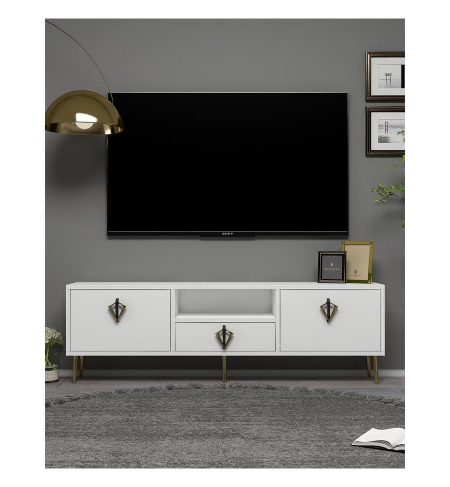 Meuble TV, blanc, noir, doré, PANNEAU DE PARTICULES 100 % REVÊTU DE MÉLAMINE