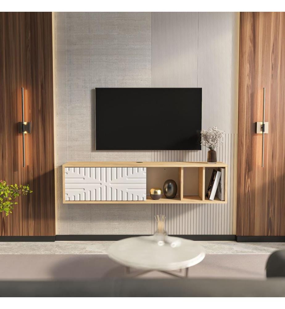 Meuble TV, chêne saphir, blanc, PANNEAU DE PARTICULES ENTIÈREMENT RECOUVERT DE MÉLAMINE