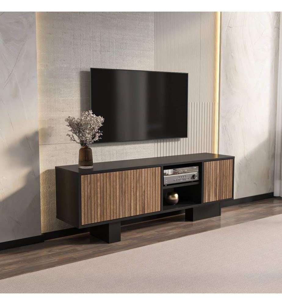 Meuble TV, noir, marron, PANNEAU DE PARTICULES ENTIÈREMENT RECOUVERT DE MÉLAMINE