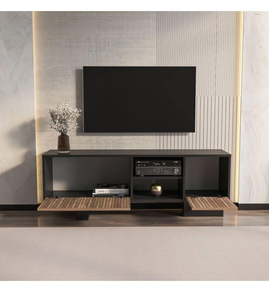 Meuble TV, noir, marron, PANNEAU DE PARTICULES ENTIÈREMENT RECOUVERT DE MÉLAMINE