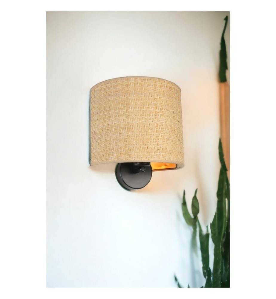Applique murale, beige, noir, CORPS EN MÉTAL, capuchon en bambou