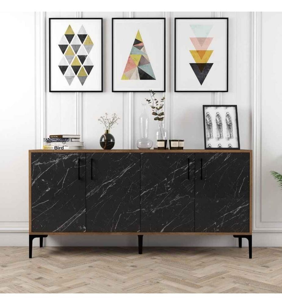 Console, noyer, marbre noir, panneau de particules mélaminé