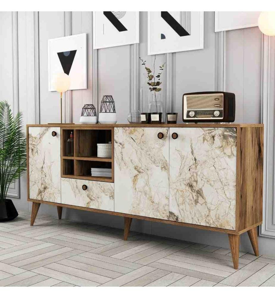 Console, Marbre blanc Noyer, Panneau de particules mélaminé