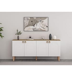 Console, blanche, panneau de particules 100 % mélaminé, pieds en bois