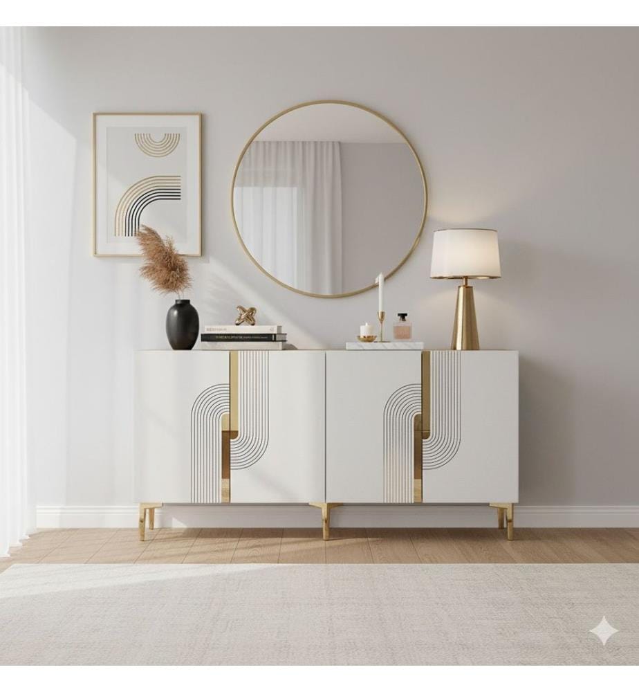 Console, bianco, oro, 100% MELAMINICO RIVESTITO IN PARTICELLE DI LEGNO