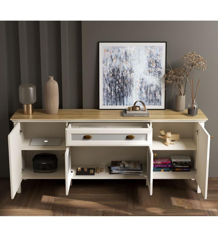 Console, crème, chêne, gris, PANNEAU DE PARTICULES ENTIÈREMENT RECOUVERT DE MÉLAMINE