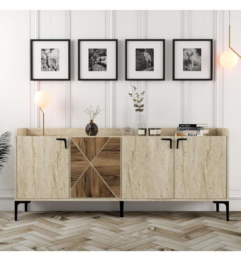 Console, noyer, travertin, panneau de particules 100 % mélaminé