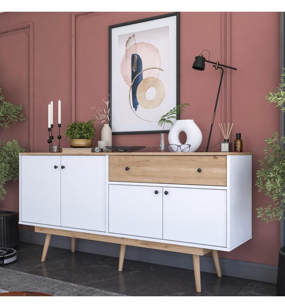 Console, noyer, blanc, 100 % PANNEAU DE PARTICULES ENDUIT DE MÉLAMINE DE QUALITÉ E1