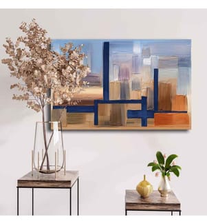 Peinture décorative sur toile, bleu marine, beige, orange, marron, 100% toile, cadre en bois de pin