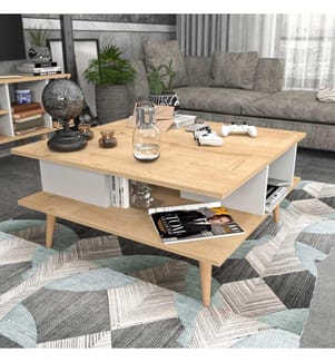 Eichenfarbig,Weiss, Couchtische, 44X89X89 cm, Melaminbeschichtete Partikelplatte