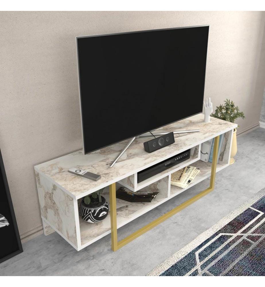 Weiss,Gold, Tv Schränke, 40,2X120X35,2 cm, Melaminbeschichtete Partikelplatte