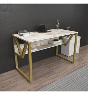 Scrivania, Bianco, Oro, Pannello di particelle rivestito in melamina