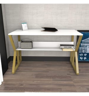 Scrivania, Bianco, Oro, Pannello di particelle rivestito in melamina