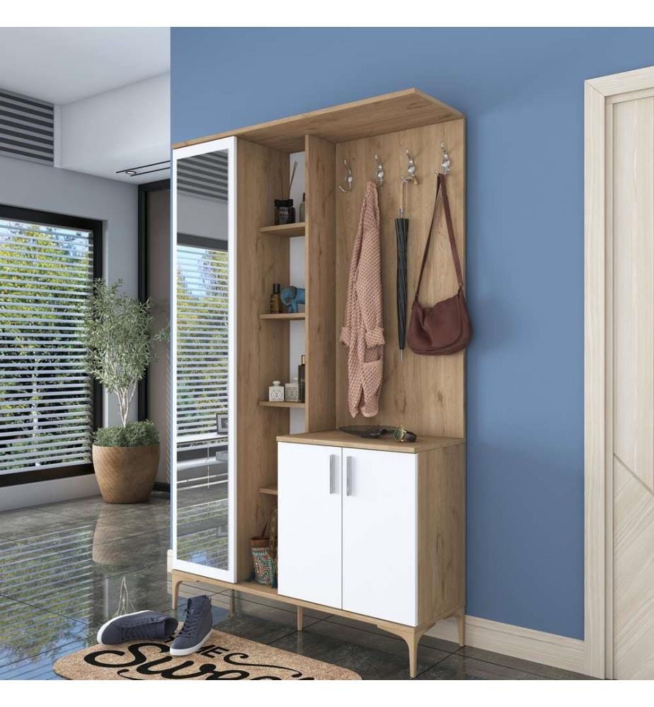 Meuble d'entrée, noyer, blanc, panneau de particules mélaminé E1 Quality Chipboard
