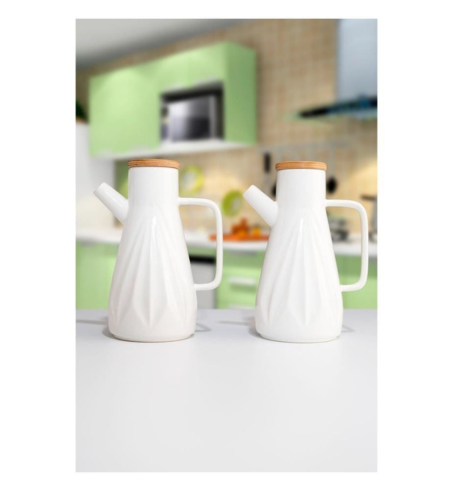 Set di dispenser per olio, 2 pezzi, bianco, 100% PORCELLANA, coperchio: 100% BAMBÙ