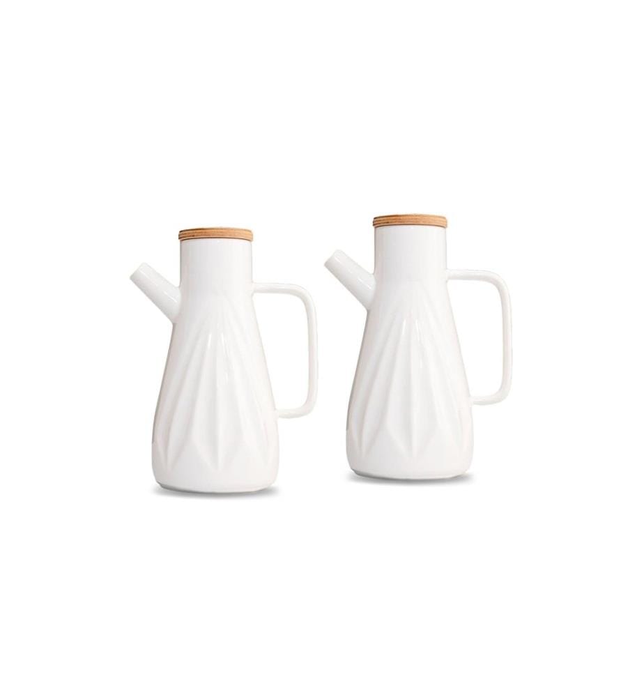 Set di dispenser per olio, 2 pezzi, bianco, 100% PORCELLANA, coperchio: 100% BAMBÙ