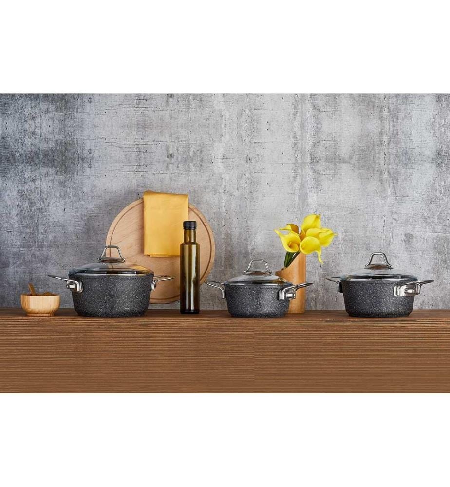 Pot Set, 6 Pieces, Black, Silver, 100% Granite Coated