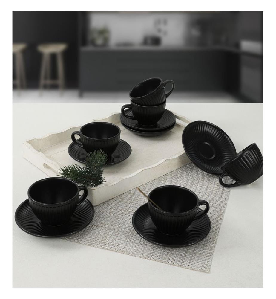 Tea Cup Set, 12 Pieces, Matte Black, Ceramic, Does Not ABSorb Water