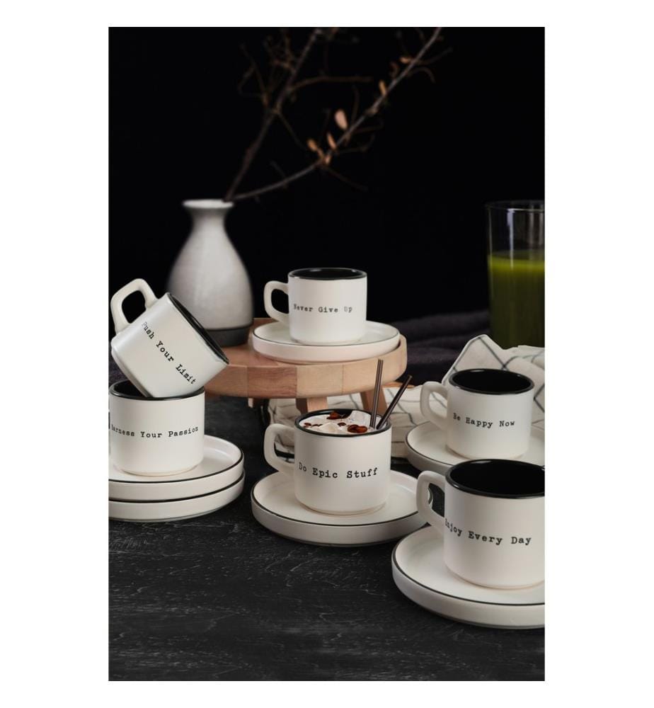 Tea Cup Set, 12 Pieces, White, Black, 100% Ceramic, Antibacterial